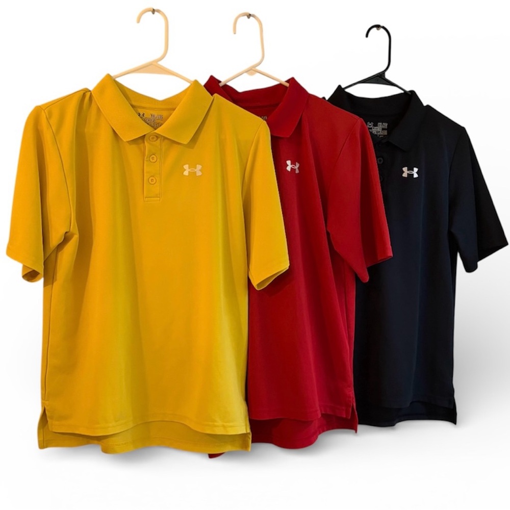 3 Under Armour Youth Performance Polo Shirts - Yellow, Red & Black - YXL